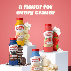 Close-up of creamy texture of Premier Protein Shake Strawberries & Cream.