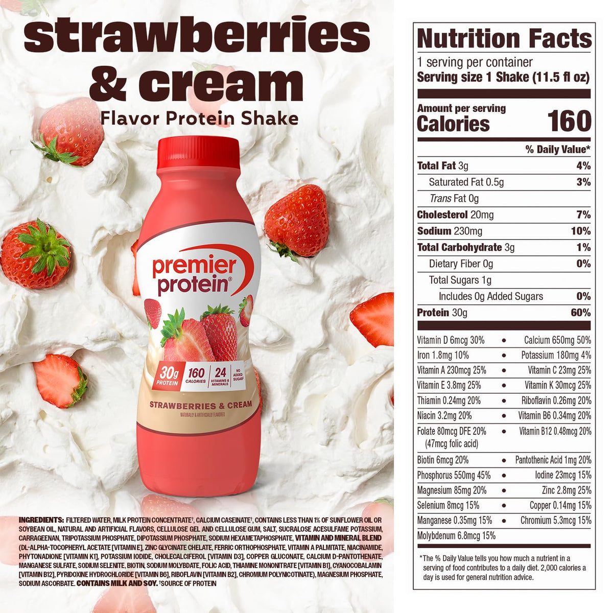 Premier Protein Shake Strawberries & Cream bottle in gym bag for on-the-go fueling.
