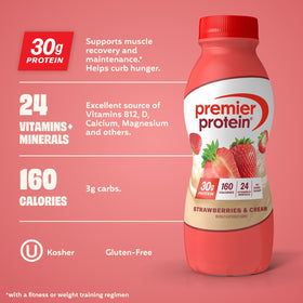 Pouring Premier Protein Shake Strawberries & Cream into a glass.