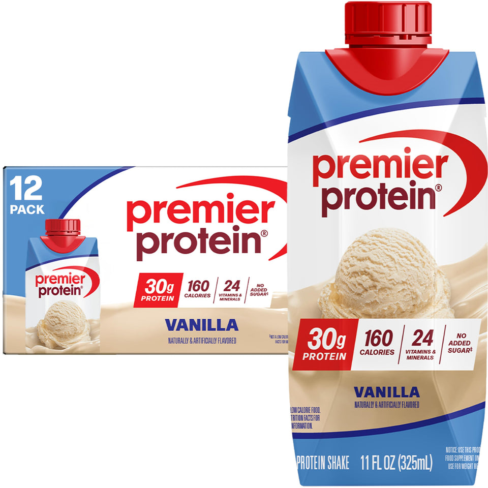 Premier Protein Shake Vanilla bottle on counter for a quick breakfast.