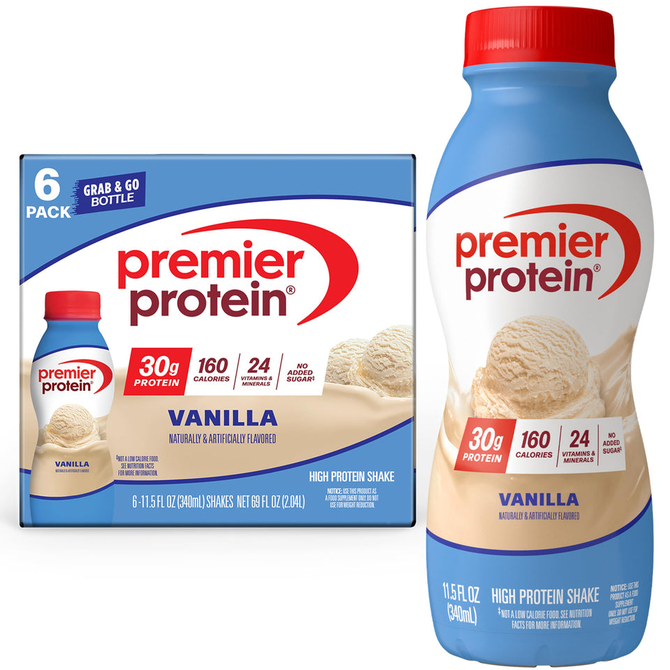 Premier Protein Vanilla Shake bottle for quick high-protein fueling on the go.