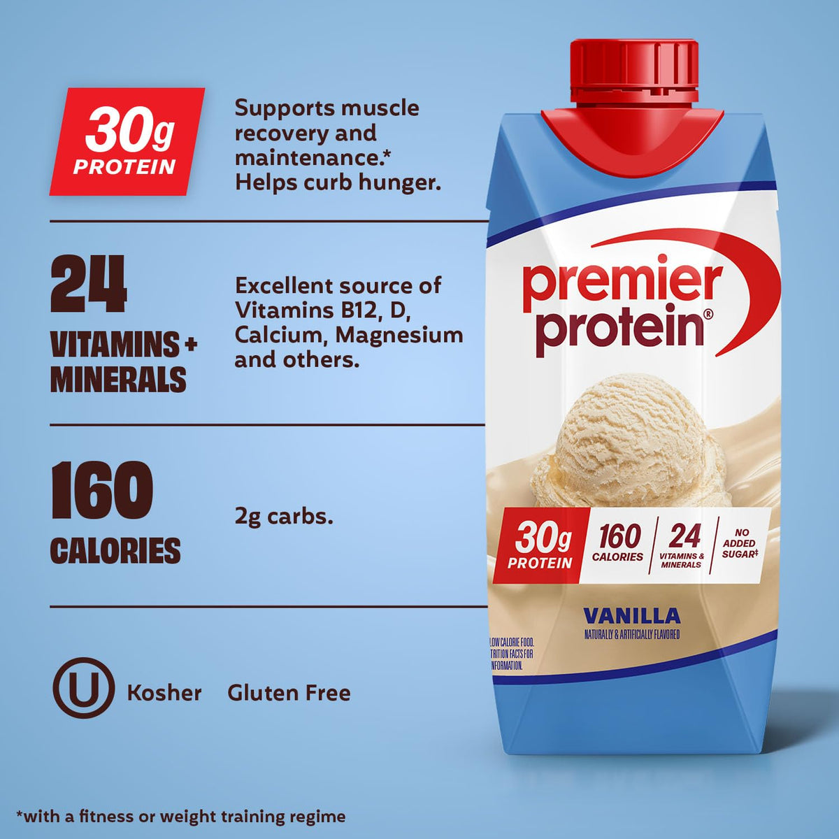 Premier Protein Shake Vanilla being poured into a glass after a workout.