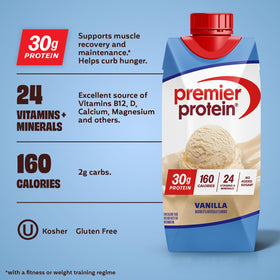 Premier Protein Shake Vanilla being poured into a glass after a workout.