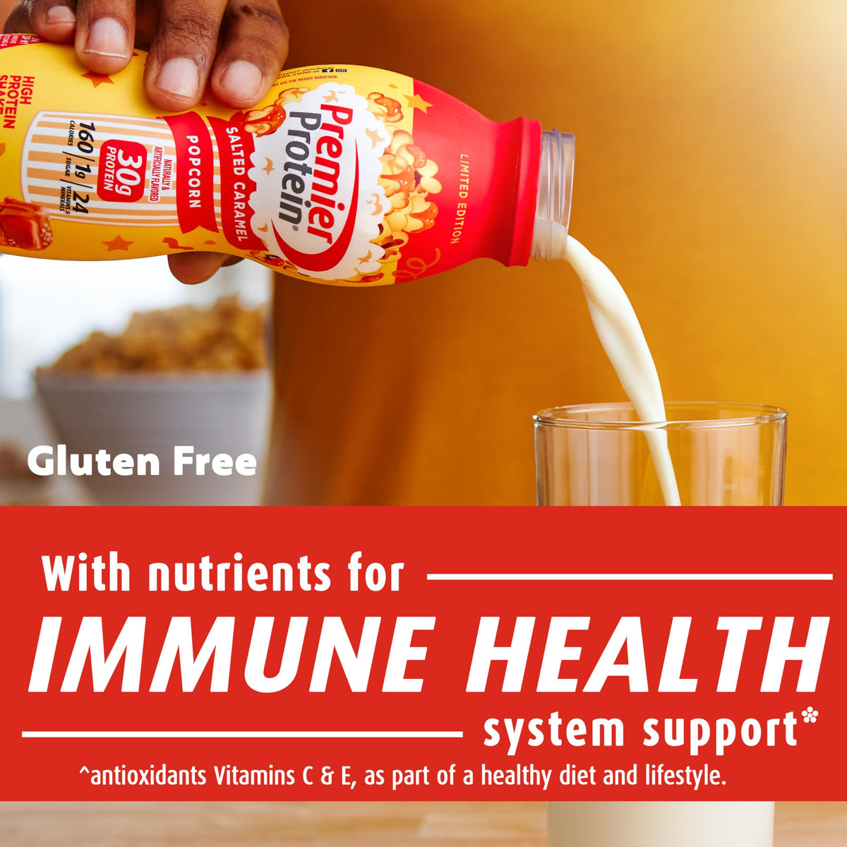Premier Protein shake label shows 24 vitamins and minerals for daily immune support.