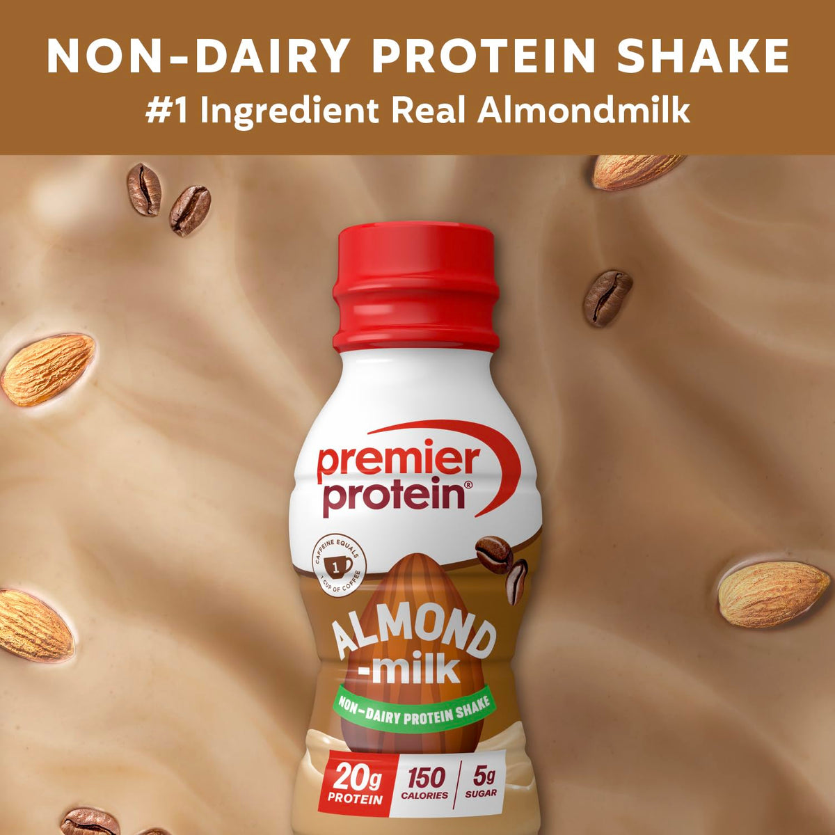 Premier Protein vanilla almondmilk shake label highlights convenient, on-the-go nutrition