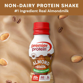 Premier Protein vanilla almondmilk shake label highlights convenient, on-the-go nutrition