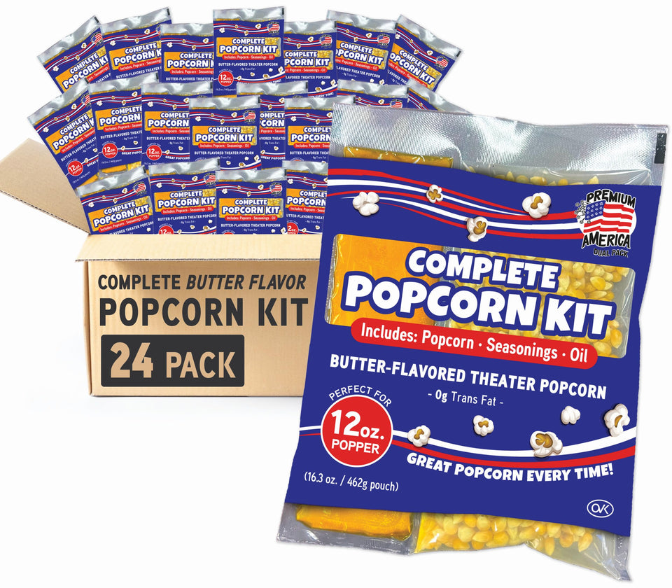 Premium America popcorn kit box shown for easy, movie-night snacks.