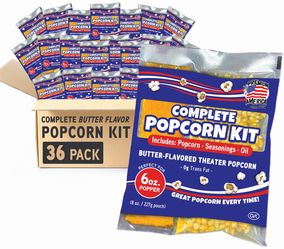 Premium America popcorn kit box showing all-in-one setup for quick movie-night snacks