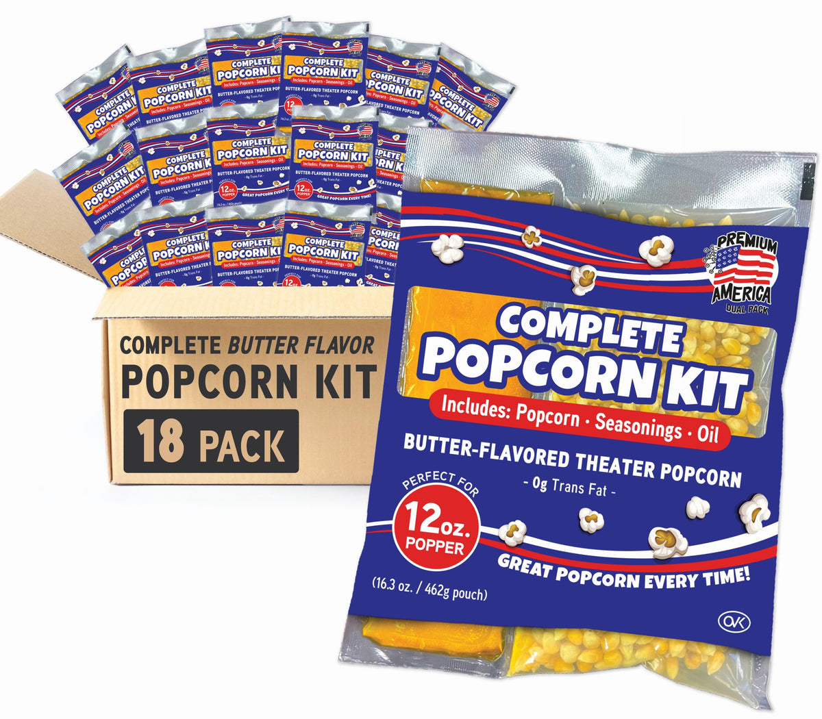 Premium America popcorn kit contents ready for easy movie night prep.