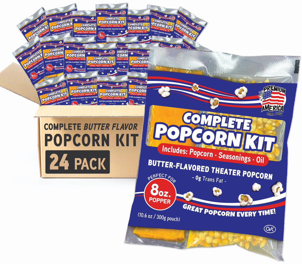 Premium America popcorn kit contents arranged for a complete home theater snack.