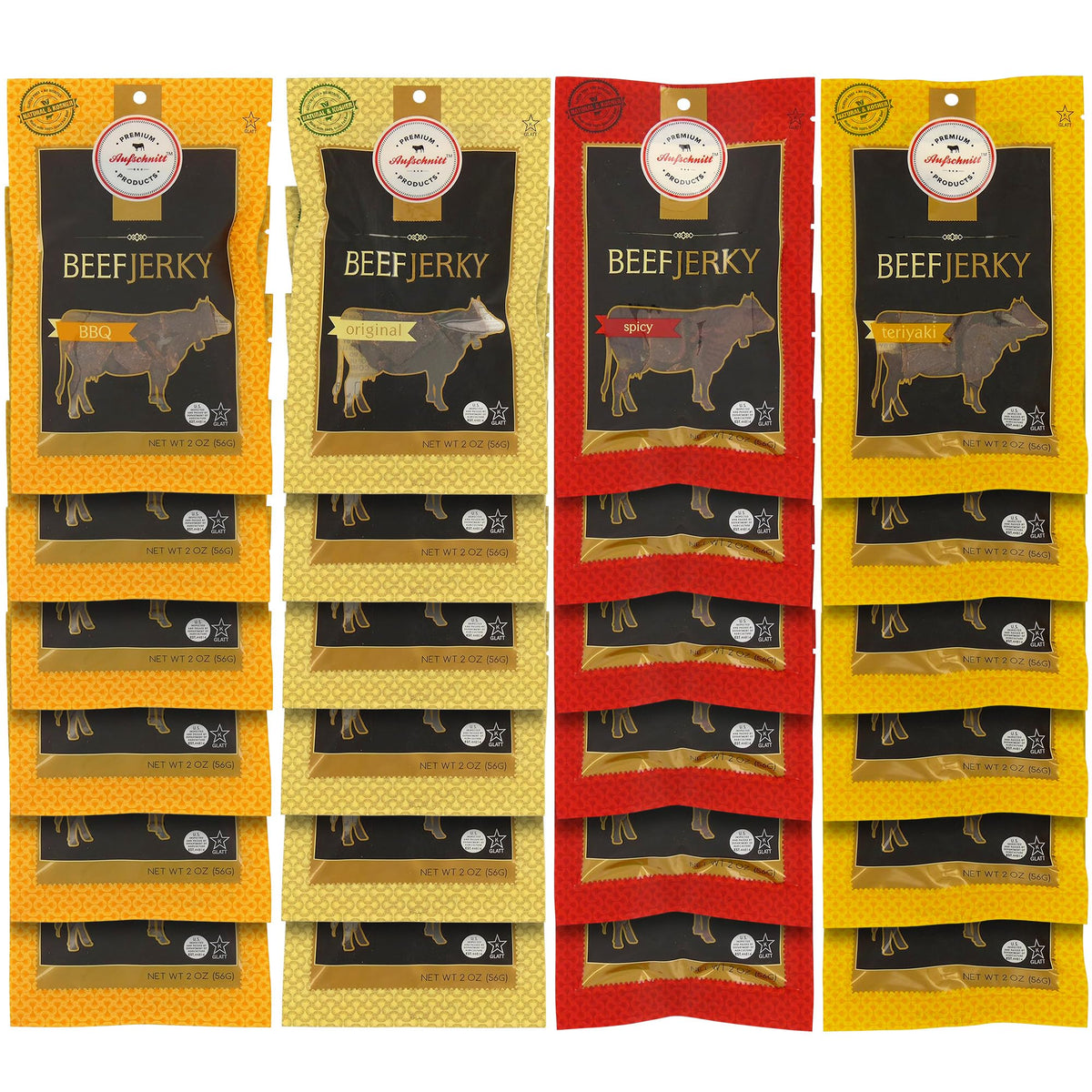 Premium Aufschnitt Grass-Fed Beef Jerky packaging highlights kosher certification and quality.