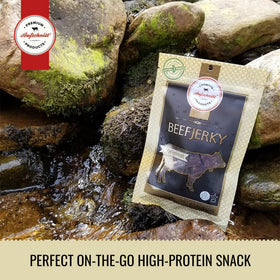 Premium Aufschnitt grass-fed jerky ideal for travel and hiking adventures.