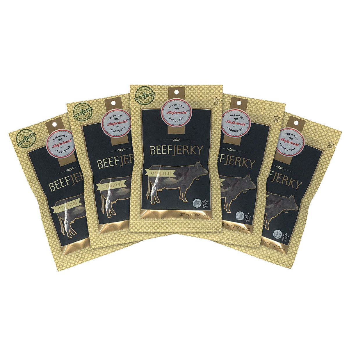 Premium Aufschnitt Original 5-pack beef jerky offers savory texture and on-the-go protein.