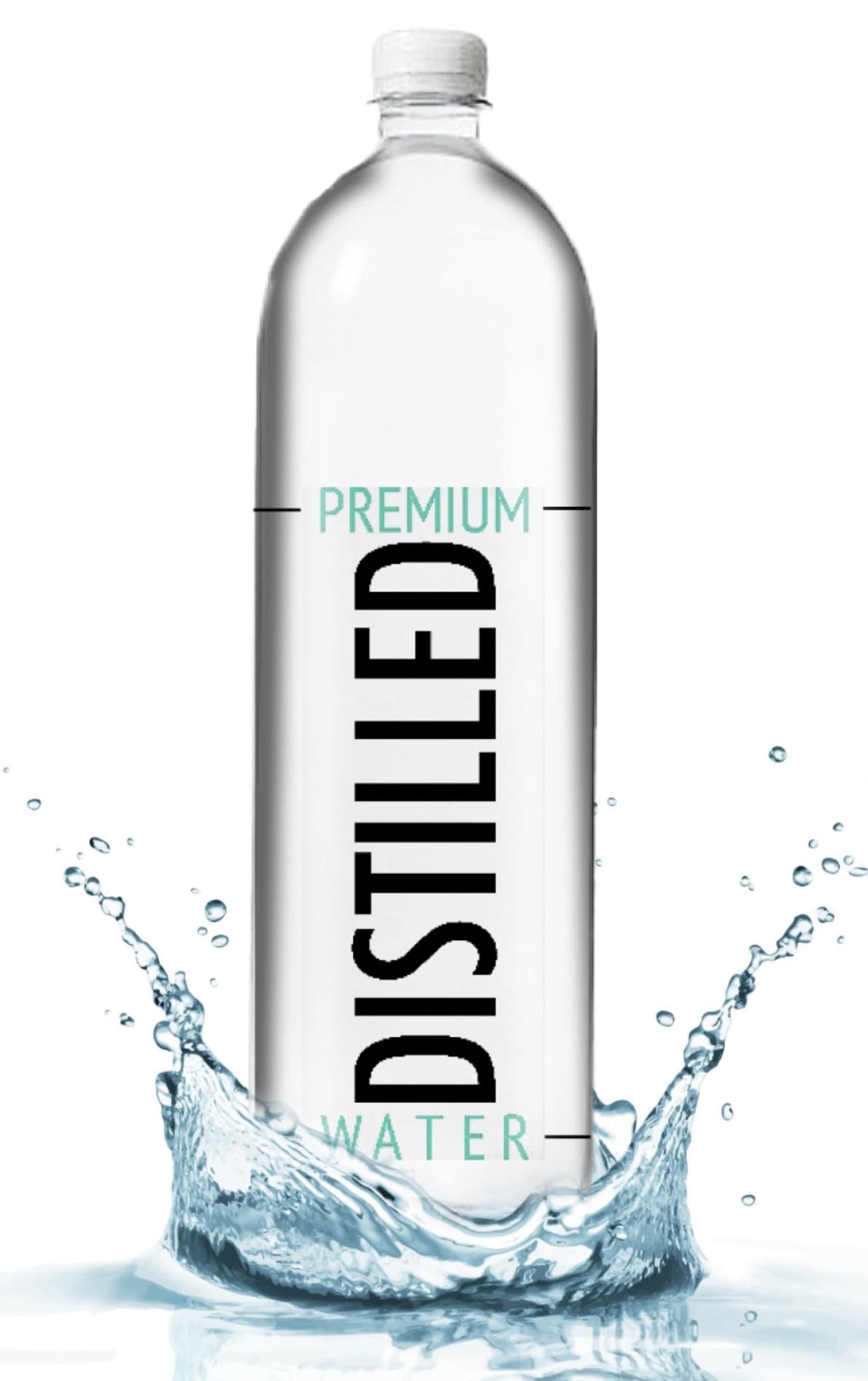 Premium Distilled Water label close-up highlights purity and ingredient-free composition.