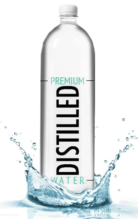 Premium Distilled Water label close-up highlights purity and ingredient-free composition.