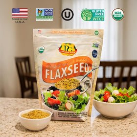 Premium Gold flax seed in a clear jar for toppings and cooking.