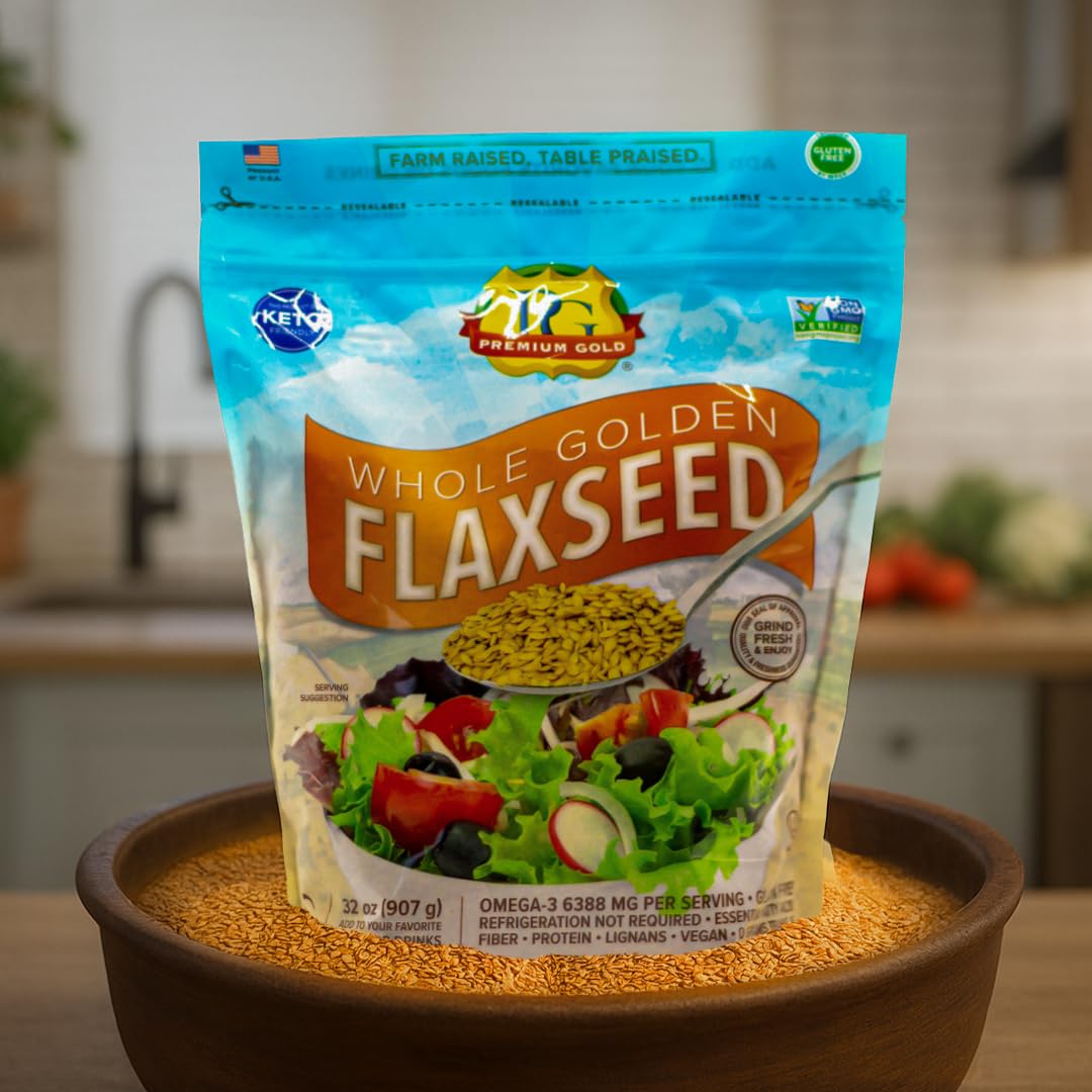 Premium Gold flax seeds nutrition guide highlights omega-3 benefits for heart-healthy meals