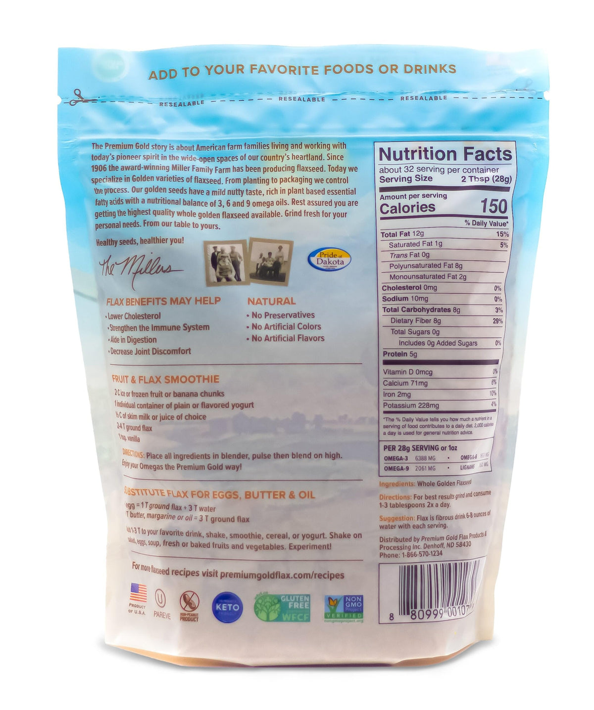 Premium Gold whole flax seeds in 2 lb bag emphasize gluten-free, non-GMO quality