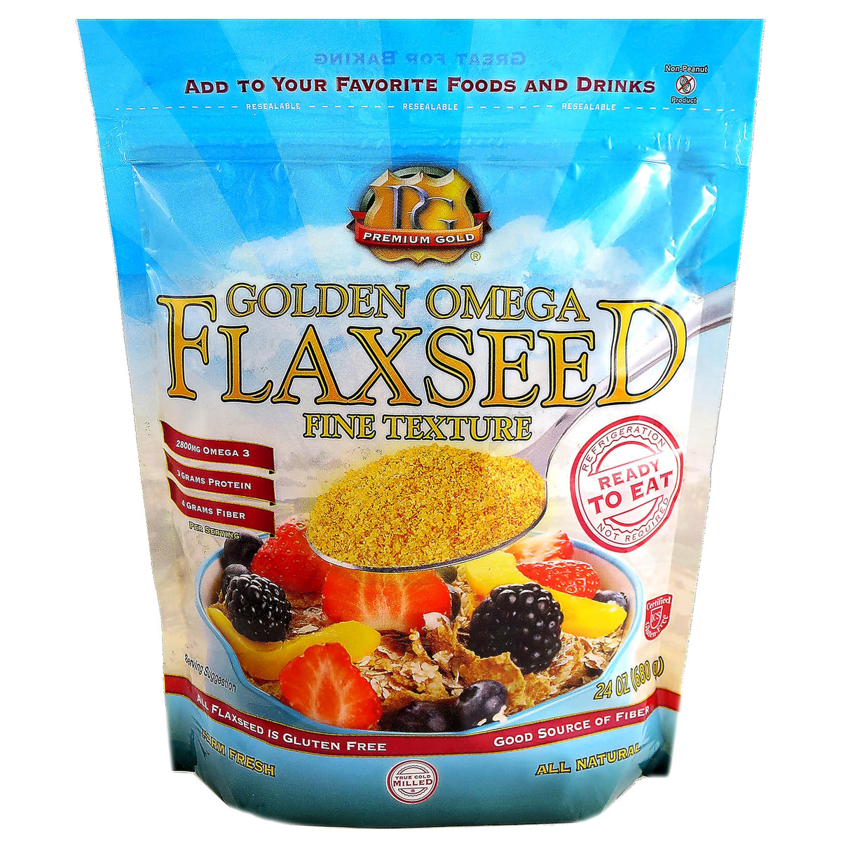Premium Gold flaxseed bag front view, ideal for baking and topping.