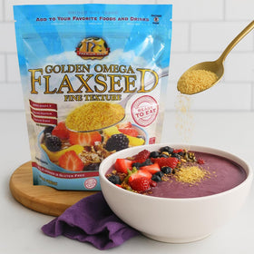 Premium Gold flaxseed in breakfast bowl ready to mix.