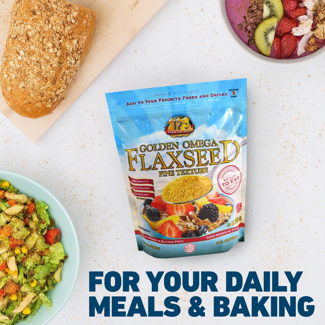 Premium Gold flaxseed fiber close-up emphasizes high fiber content.