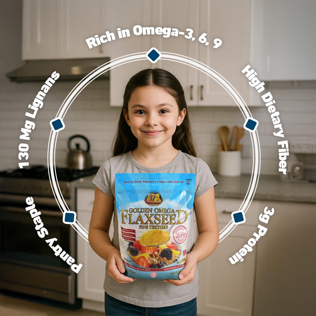 Premium Gold flaxseed omega-3 close-up shows plant-based fats.