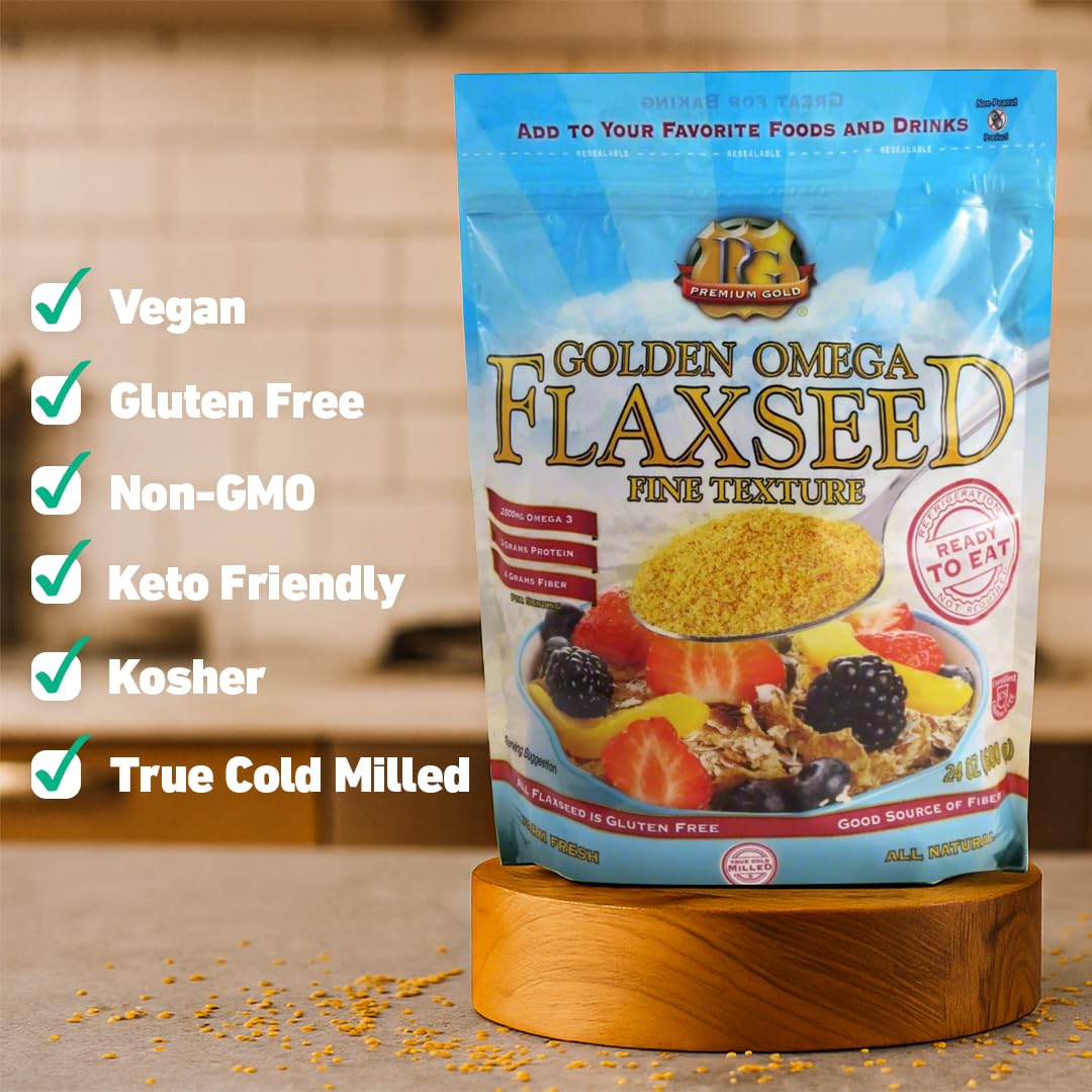 Premium Gold flaxseed packaging highlights long shelf life.
