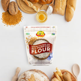 Close-up of flax and ancient grains in Premium Gold flour