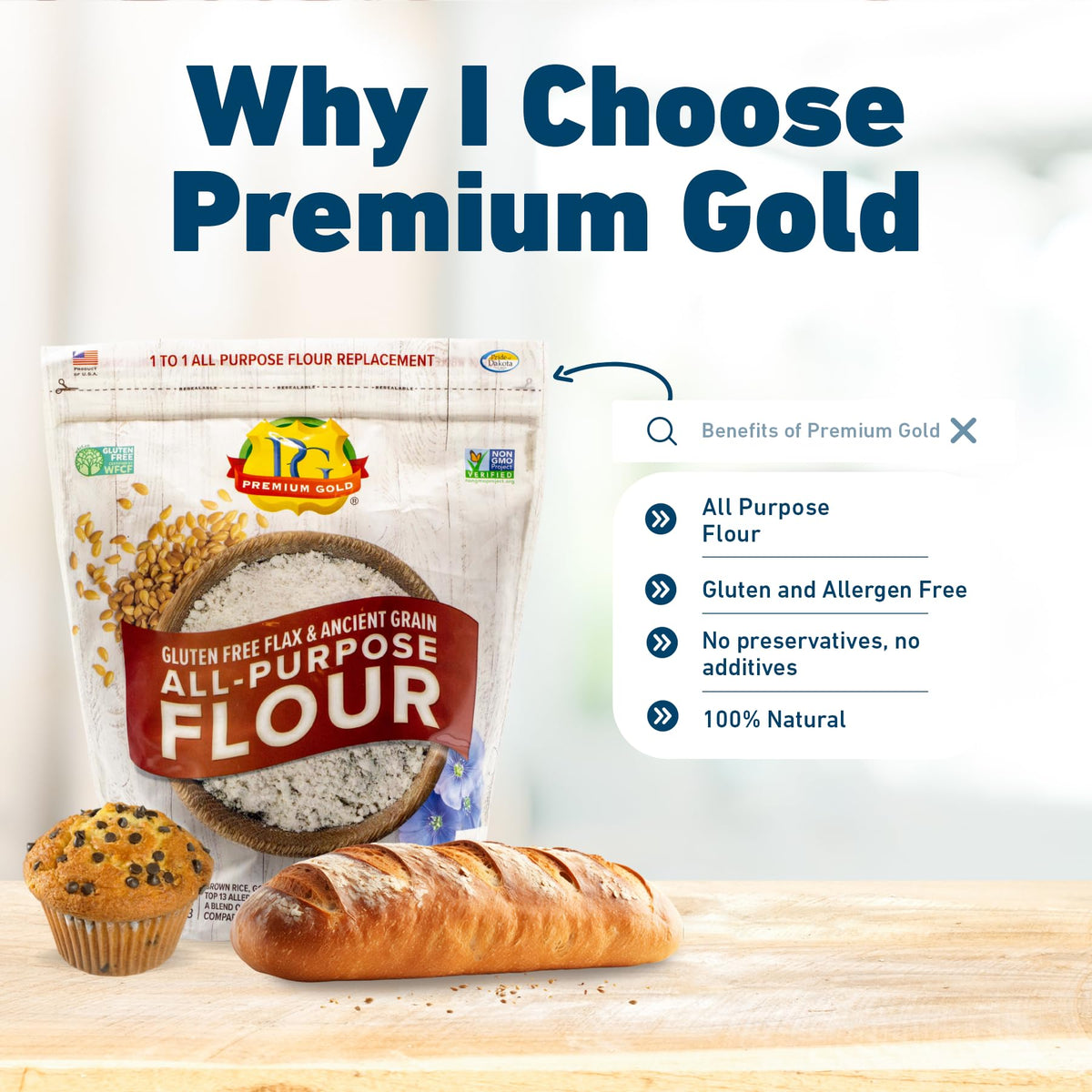 Measuring cup of Premium Gold gluten-free flour for recipes