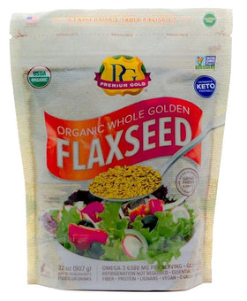 Premium Gold organic whole flax seed 2 lbs bag highlighting fiber and omega-3.
