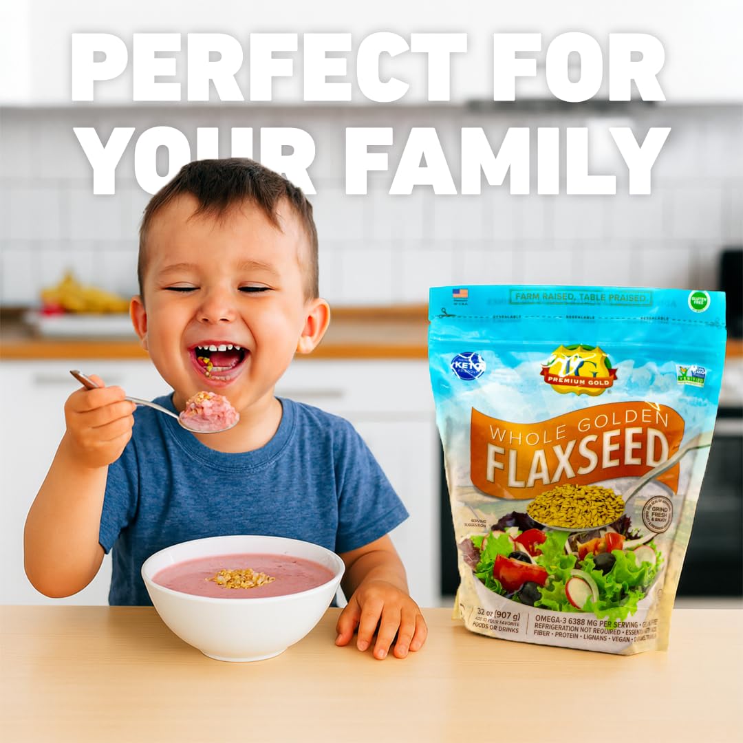 Premium Gold flax seeds ready-to-use, 1-2 tablespoons twice daily for convenient fiber and omega-3 intake