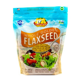 Premium Gold flax seeds in a bowl highlight rich fiber for daily nutrition