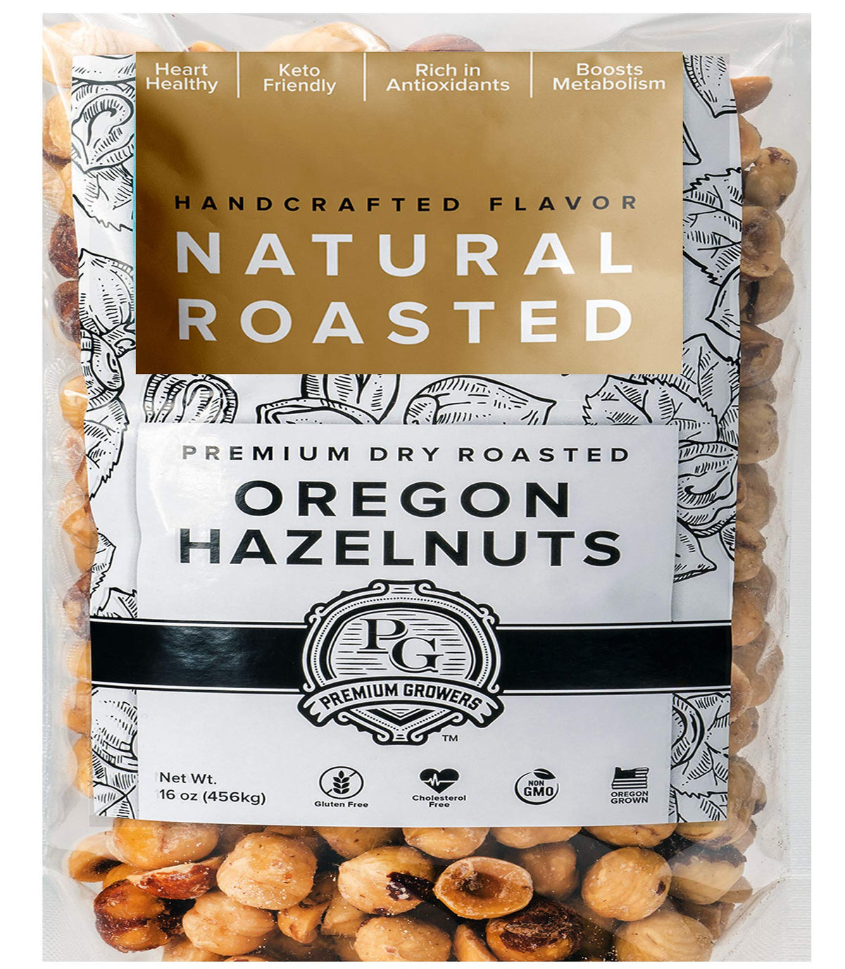 Premium Growers hazelnuts dry-roasted 1 lb bag with golden kernels, ready for snacking.