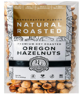 Premium Growers hazelnuts dry-roasted 1 lb bag with golden kernels, ready for snacking.