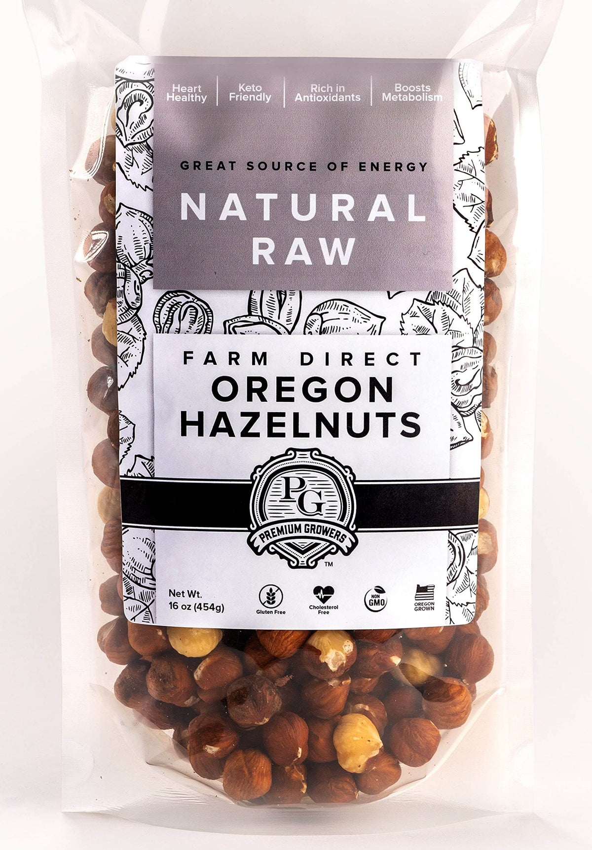 Premium Growers hazelnuts in resealable bag for freshness