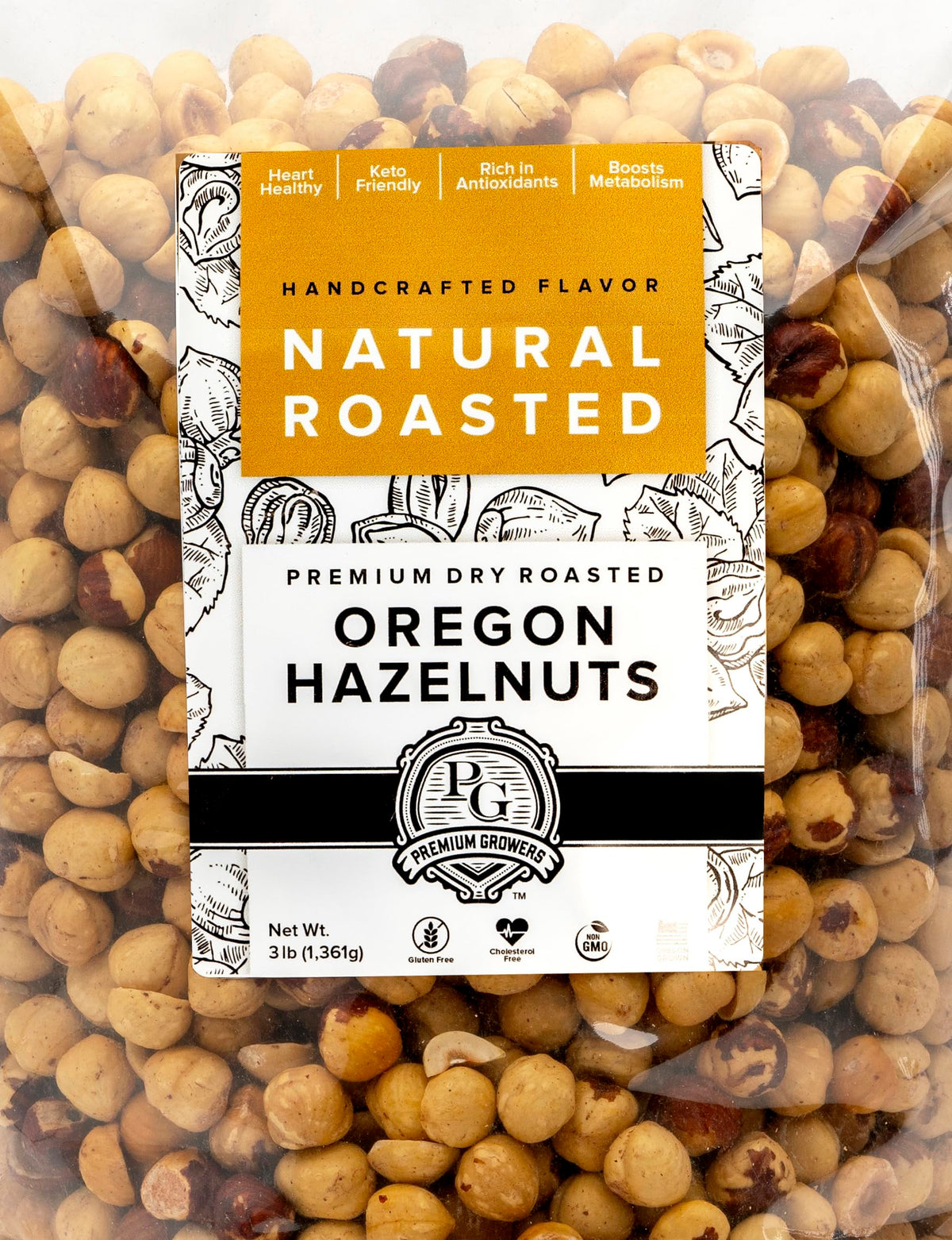 Premium Growers Oregon hazelnuts dry roasted 3lb natural displayed in a resealable bag for fresh snacking.