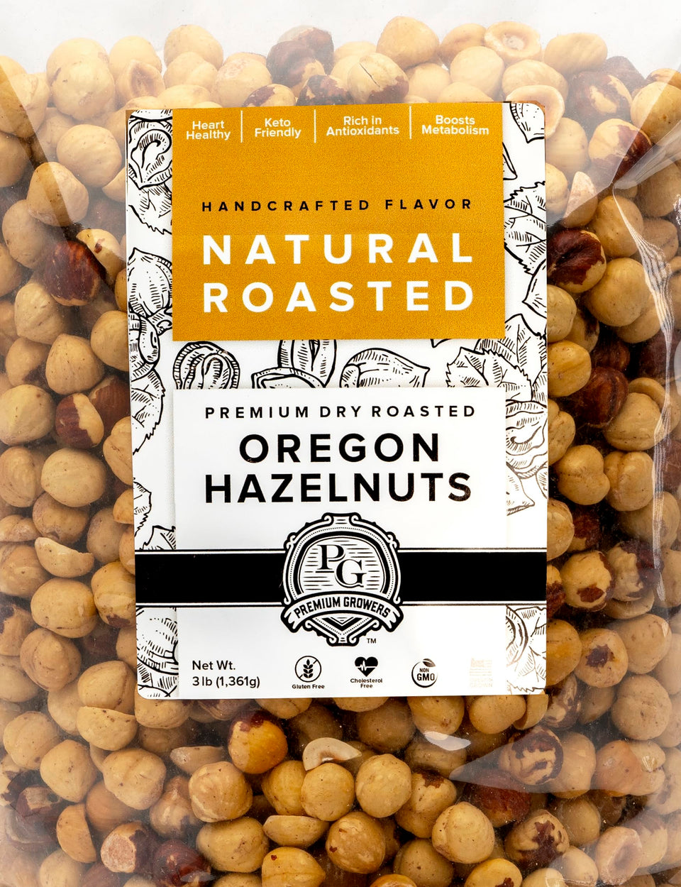 Premium Growers Oregon hazelnuts dry roasted 3lb natural displayed in a resealable bag for fresh snacking.