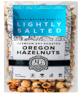 Premium Growers hazelnuts dry roasted and lightly salted, ideal for a flavorful energy snack.