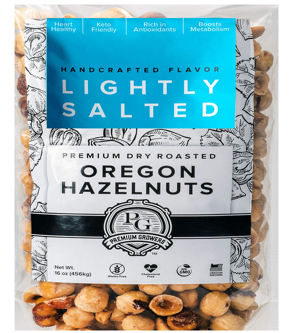 Premium Growers hazelnuts dry roasted and lightly salted, ideal for a flavorful energy snack.
