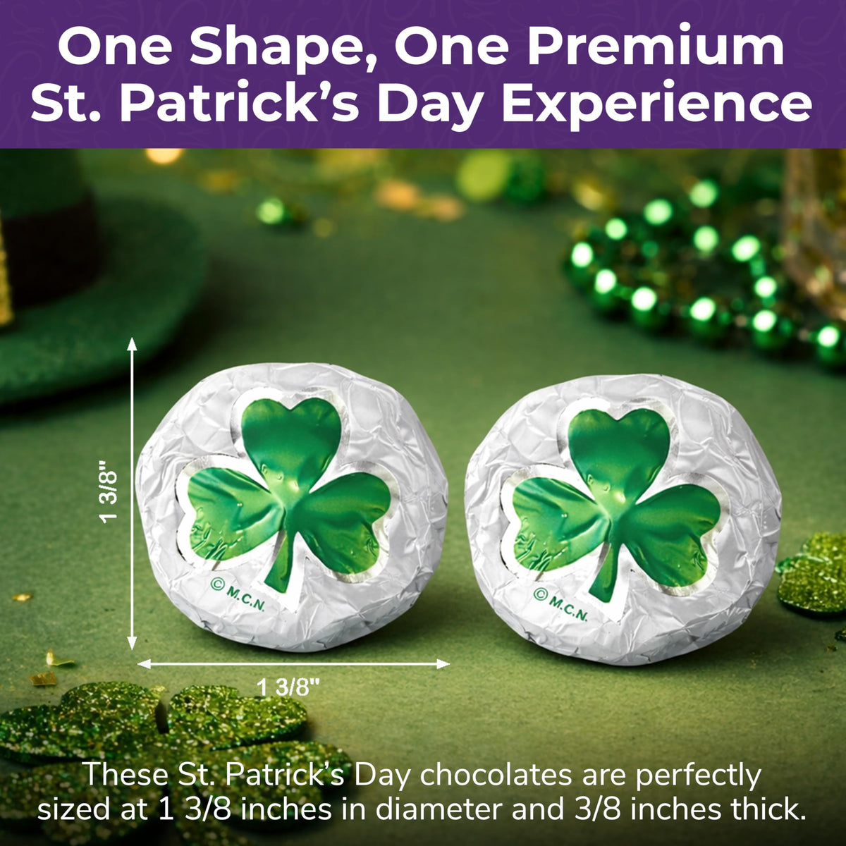 The Madelaine Chocolate Company milk chocolate shamrocks feature four-leaf clover detail.