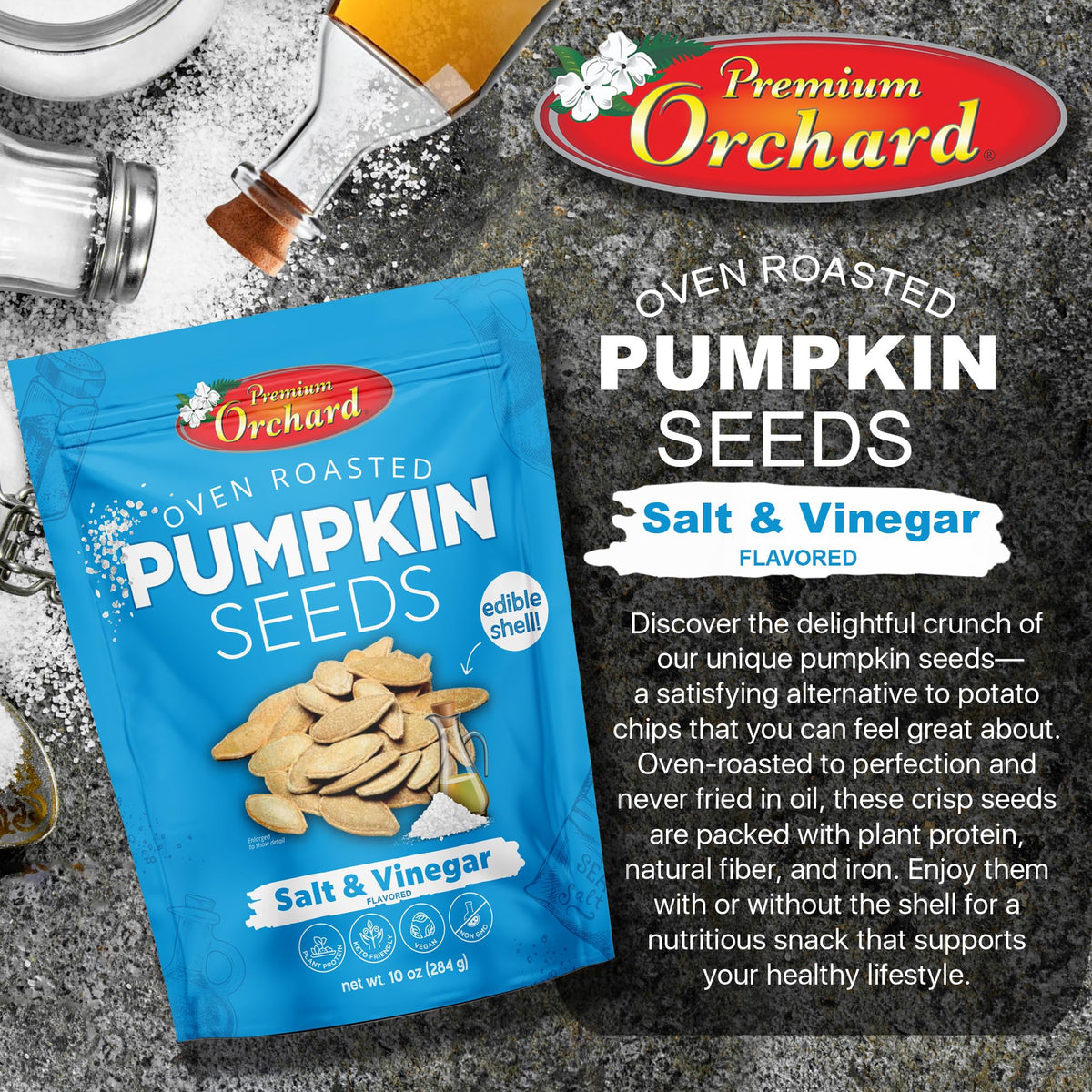 Premium Orchard BBQ pumpkin seeds, bold flavor ideal for hiking.