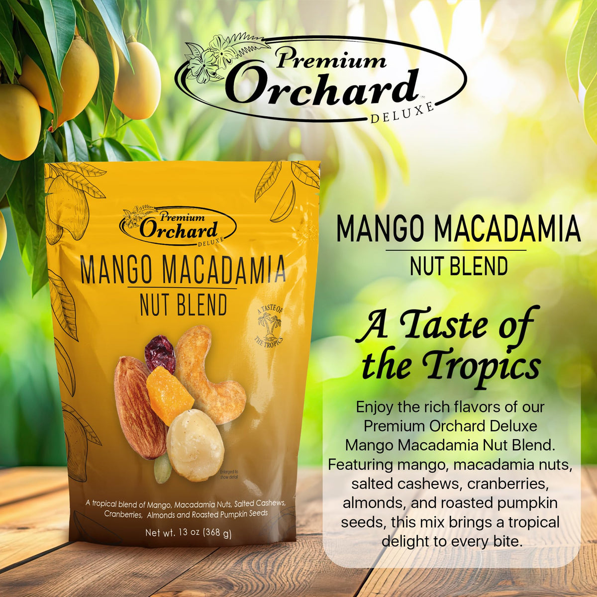 Premium Orchard Deluxe almonds roasted pumpkin seeds emphasize protein and crunch.