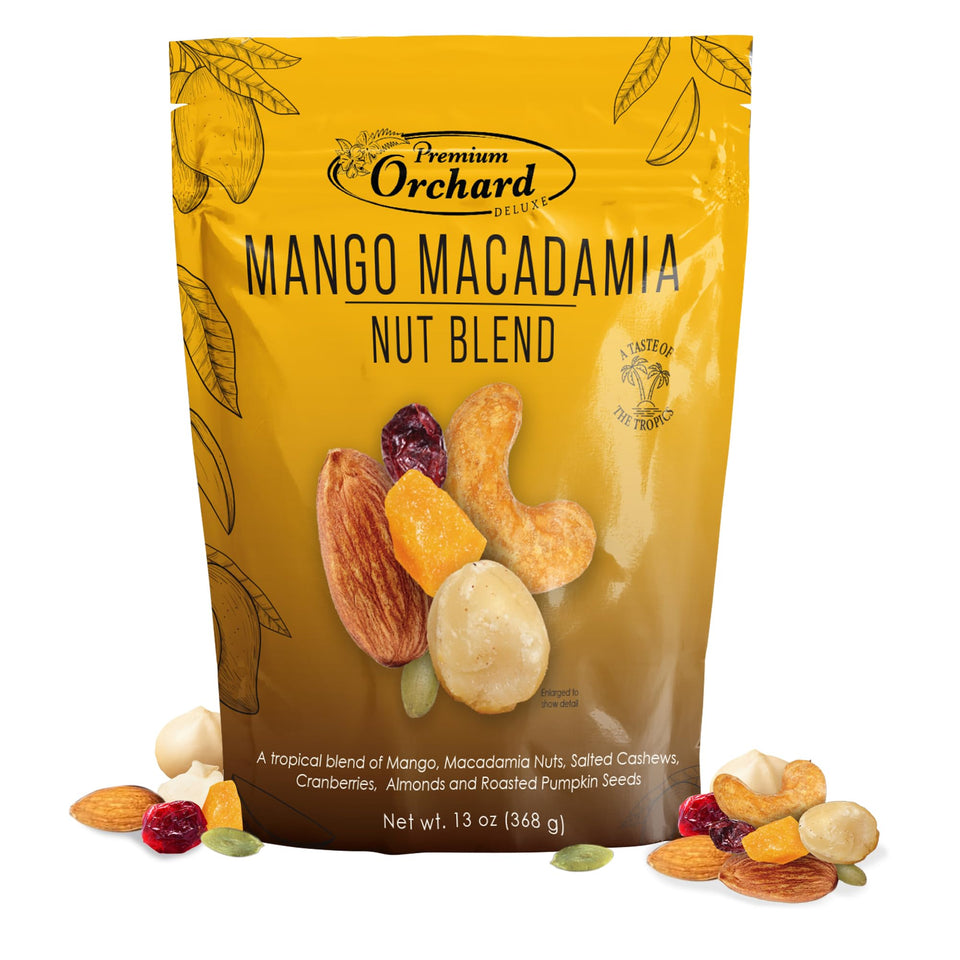 Premium Orchard Deluxe Mango Macadamia Blend bag - tropical flavor snack for on the go.