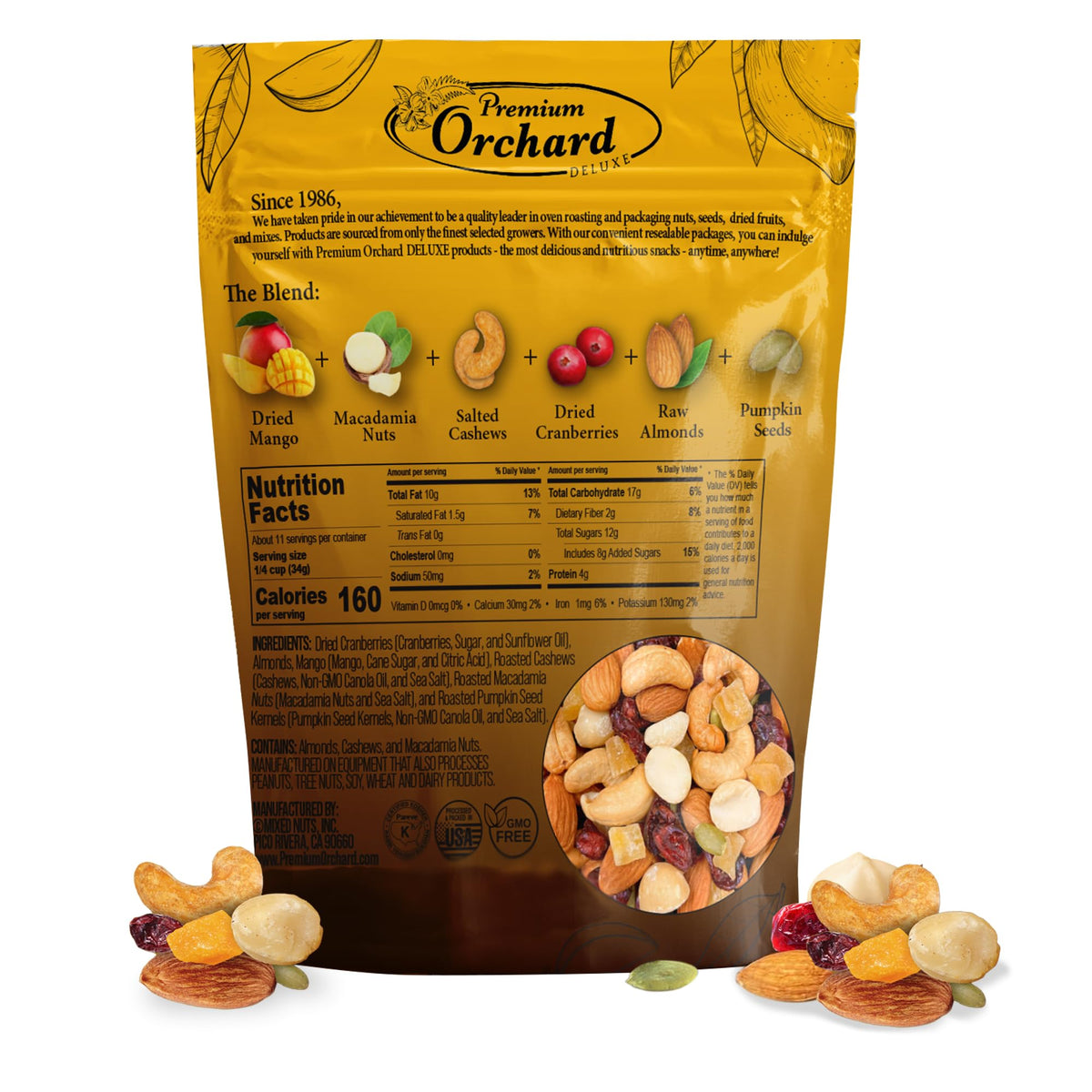 Premium Orchard Deluxe tropical trail mix closeup - vibrant fruits and nuts for delicious crunch.