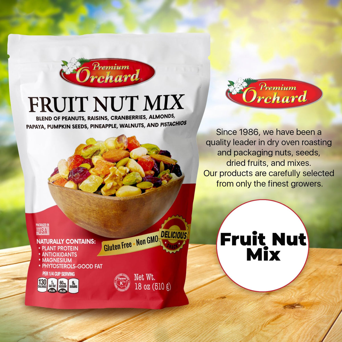 Premium Orchard mixed nuts close-up shows crunchy texture and chewy fruit for a satisfying snack.