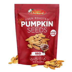 Premium Orchard BBQ flavor pumpkin seeds in a resealable bag for on-the-go snacking