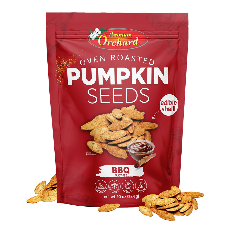 Premium Orchard BBQ flavor pumpkin seeds in a resealable bag for on-the-go snacking