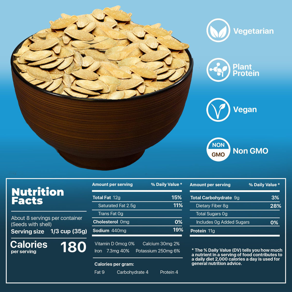 Premium Orchard on-the-go pumpkin seeds, convenient shell-on snack.