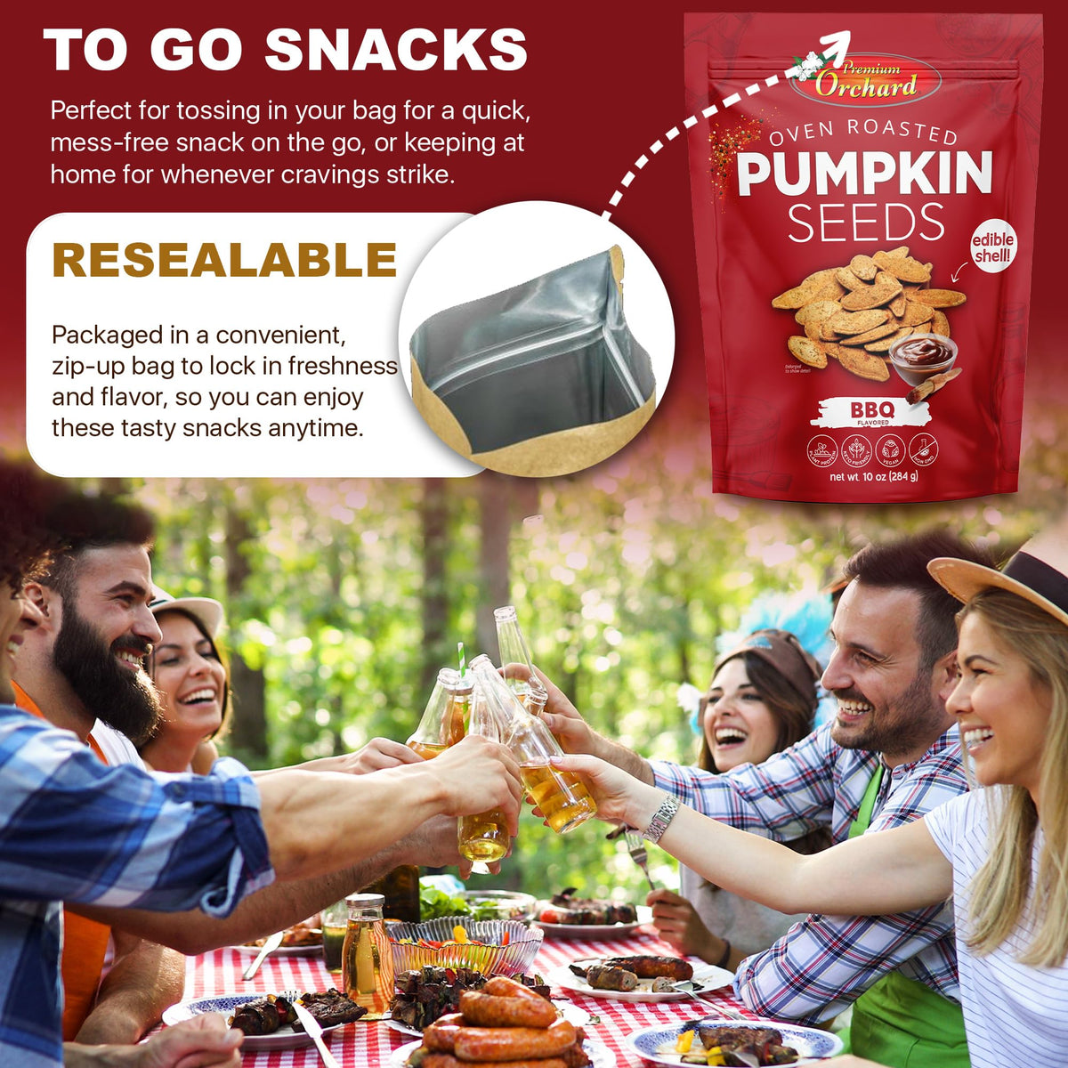 Premium Orchard pumpkin seeds in resealable bag stay fresh between uses