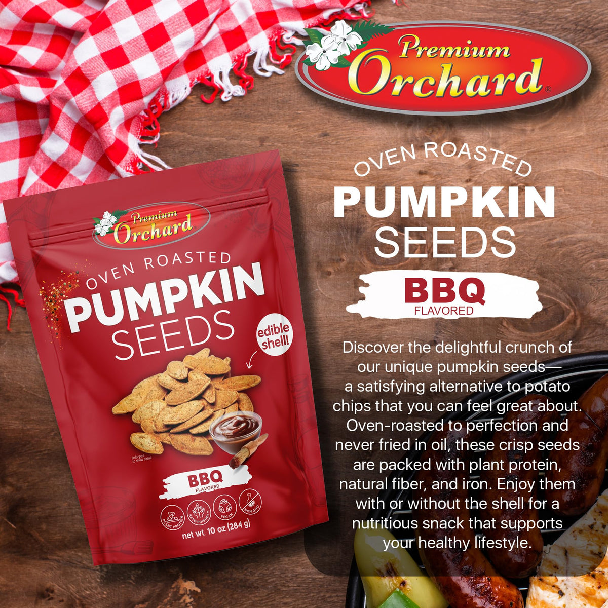 Premium Orchard sea salt flavor pumpkin seeds provide light, satisfying bites